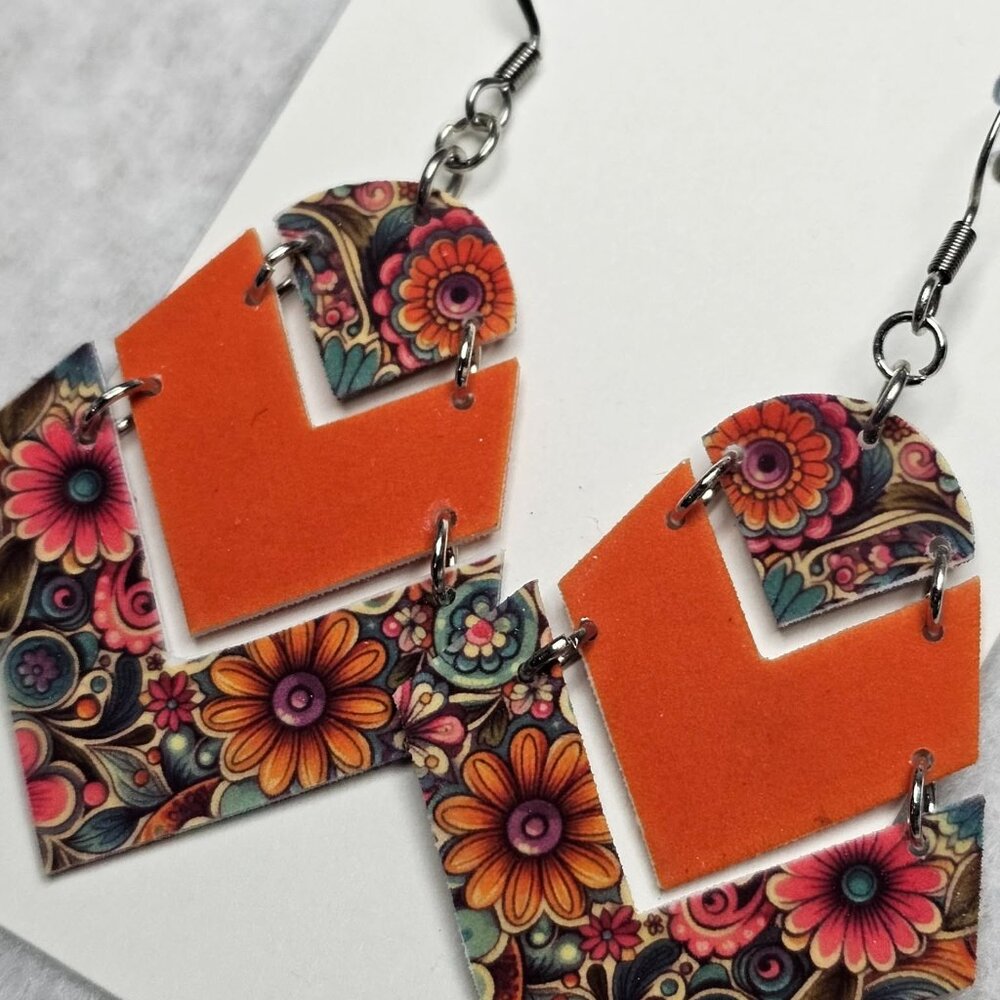 Handmade 70s inspired floral pattern double sided earrings